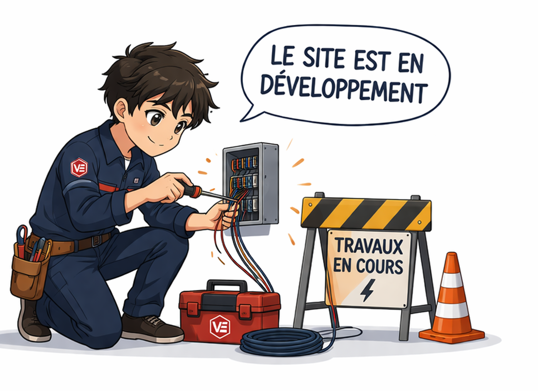 Un électricien Varol Elec câble un tableau devant un panneau « Travaux en cours » : la page est en développement